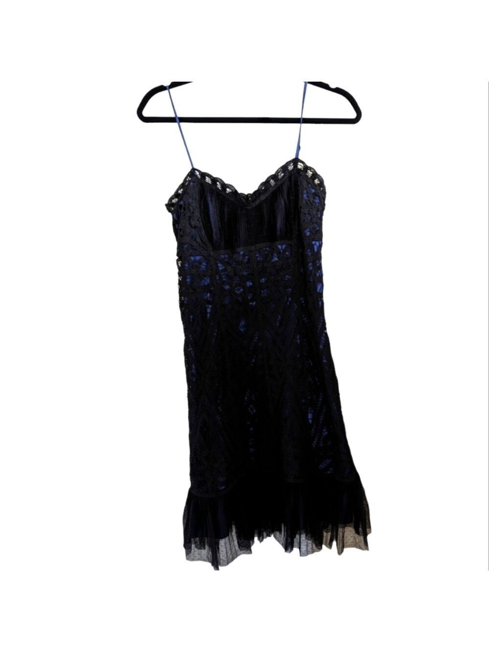 VTG Betsey Johnson Black lace over Royal Blue Cocktail Dress Size 8